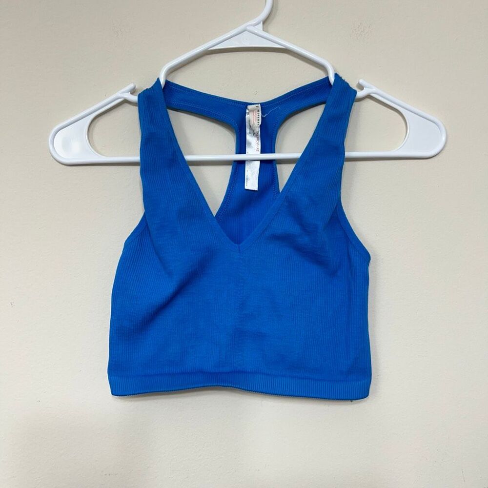 Free People Movement Womens Racerback Ribbed V Neck Free Throw Crop Tank Blue XS